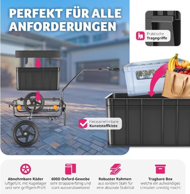 Тектейк® 2-в-1: Причіп для велосипеда, вантажний причіп та візок, аксесуари для велосипеда, гірського велосипеда та електровелосипеда, транспортний візок з кріпленням для велосипеда, з покриттям та повітряними колесами