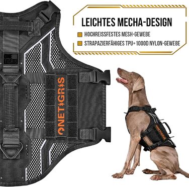 Шлея для собак OneTigris AIRE Armor Mesh, регульована, з 2 ручками, 3 D-кільцями, не тягне, світловідбивна, дихаюча, для великих і середніх собак, чорна, розмір L