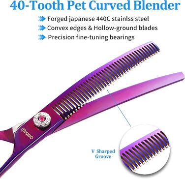 Професійна вигнута ножиця для грумінгу собак, гострі леза, універсальна ножиця, ножиці для догляду за собаками, японська сталь 440C, плавне різання та точний зріз, кольори, 17,8 см