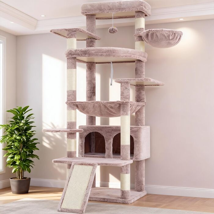 Дряпак для котів Heybly HCT038W (коричнево-бежевий): великий, 202 см, з платформами, печерею, гамаком та сизалевим стовпом