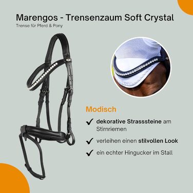 Анатомічна вуздечка Marengos Trensenzaum Soft Crystal з комбінованим англійським капсюлем із шкіри для коней і поні, чорна, з м'яким потиличником та повідцями