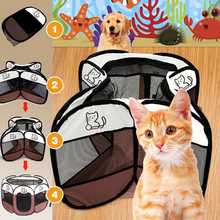 Клітка-вольєр для цуценят та тварин, 74x74x43 см, для собак, котів, кроликів та дрібних тварин, для використання в приміщенні та на вулиці (колір коричневий, восьмикутна)