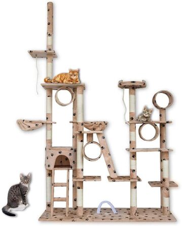 Кігтеточка BITUXX® для котів з будиночком та ігровим майданчиком, регульована висота 230-250 см (Бежевий / Лапка)