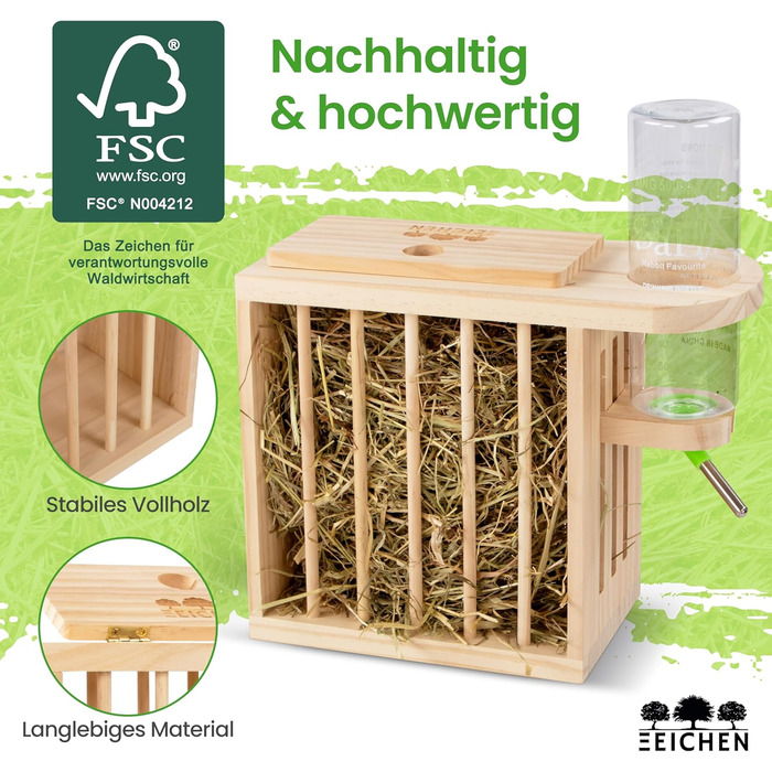Годівниця для сіна та поїлка Drei Eichen, регульована, FSC-дерево, для морських свинок, кроликів, хом'яків