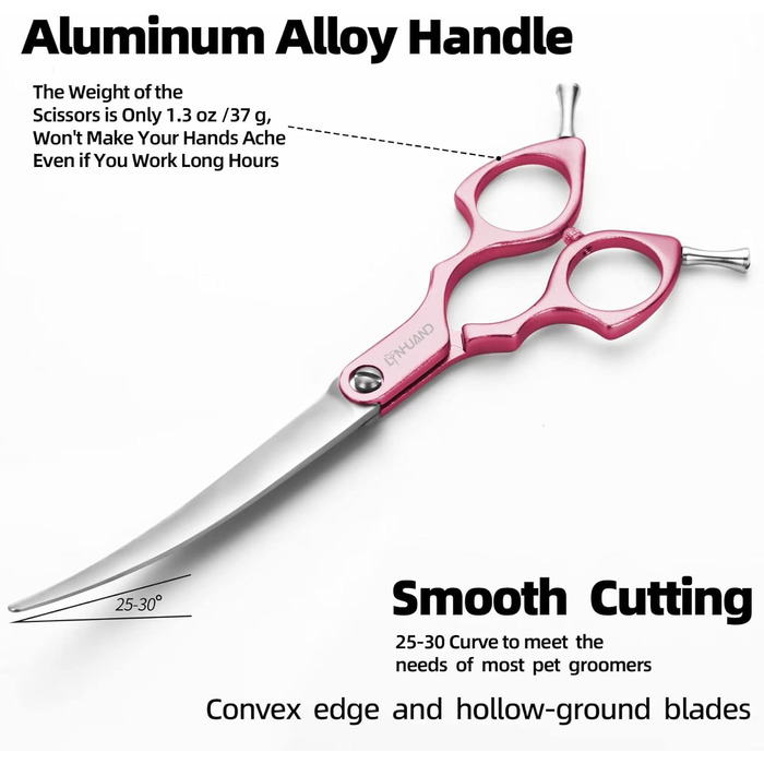 Професійна вигнута коса для грумінгу собак 16,5 см, 440C, нержавіюча сталь, з ручкою з алюмінію (рожева, вигнута)