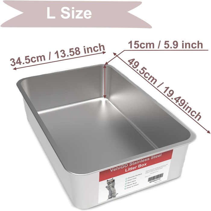 ВехіГо великий лоток для котів з металу, нержавіюча сталь, міцний, для великих або кількох котів, гладка поверхня, легке очищення, (50 x 35 x 15 см)