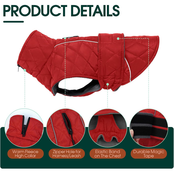 Куртка для собак Kuoser, зимова, водонепроникна, для середніх та великих собак, з флісовою підкладкою та блискавкою, L, червона