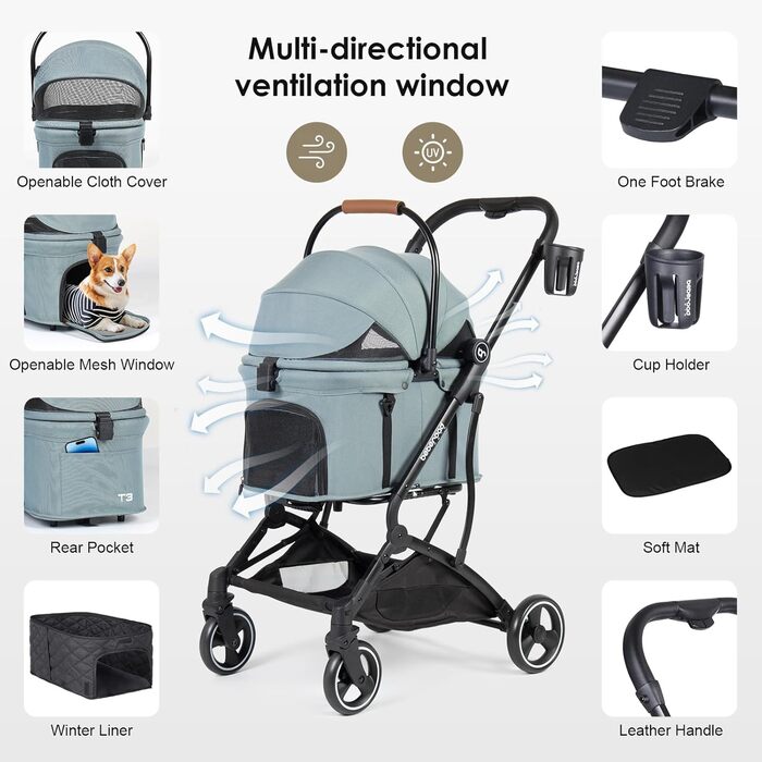 Дитяча та візок для тварин 3 в 1: для собак, котів та дітей. Легкий, складний, зелений