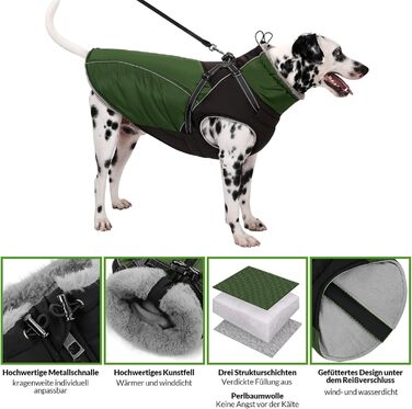 Зимовий теплий одяг для собак Konvinit: куртка з флісу з кріпленням для повідка, світловідбиваюча, для середніх собак, розмір M (53 см обхват грудей), колір зелений