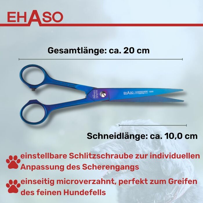 Професійна пряма ножиця для собак з титану EHASO – 20 см, нержавіюча, довговічна