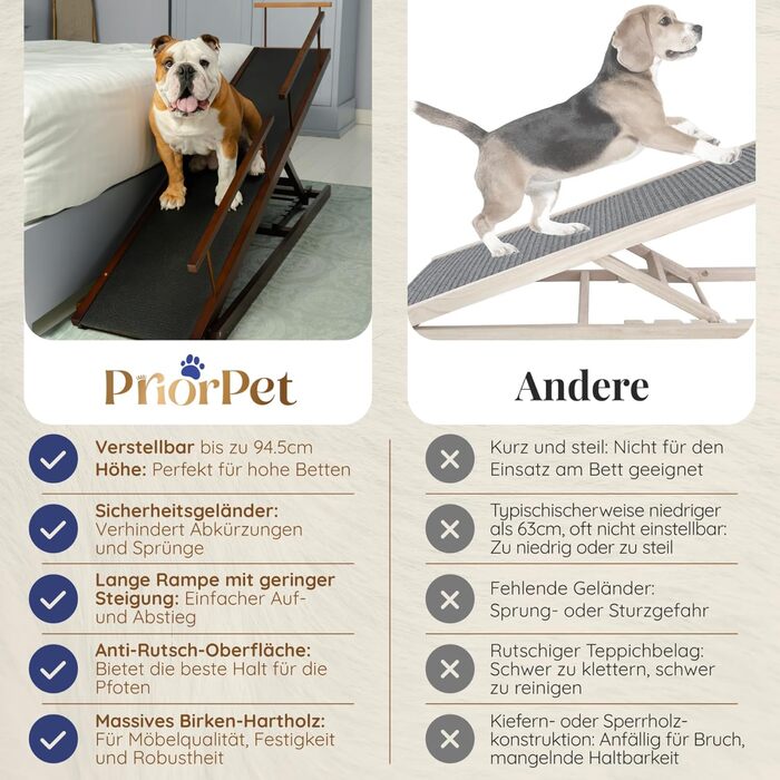 Сходинки для собак PRIORPET з берези з захисним бар'єром - регульована висота до 94.5 см - складаються - антиковзке покриття - для собак до 23 кг - колір: горіх