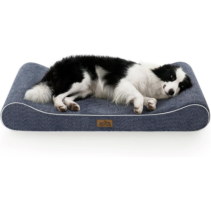 Ортопедичне ліжко для собак великих порід, миється, 114x76x15 см, зі знімним чохлом та піднятим бортиком. М'яке, нековзне та водонепроникне собаче ліжко у формі човна, синього кольору, розмір L (114x76x15 см)