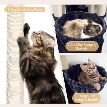 Кігтеточка Globlazer XXL 209 см з 2 будиночками, великою платформою, 3 кошиками, стовпчиками для шліфування, 8 стовпчиками з сизалю, стабільна кігтеточка для кількох котів (темно-сірий)