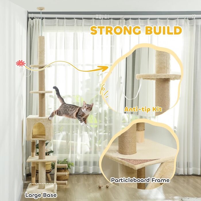 Кігтеточка PawHut Boden bis zur Decke для котів 225-265 см з регульованою висотою та платформами