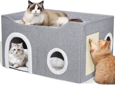 Котяче ліжко для домашніх котів, складаний будиночок-куб, велике м'яке лежанка-ніша з кігтеточкою, закрите укриття для котів і маленьких собак, 33.5×60.5×40.4 см, сіре