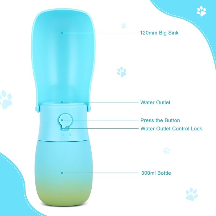 Поїлка для тварин JOPHEK 300мл: складана пляшка для собак та котів з фільтром, противитікаюча, блакитно-зелена