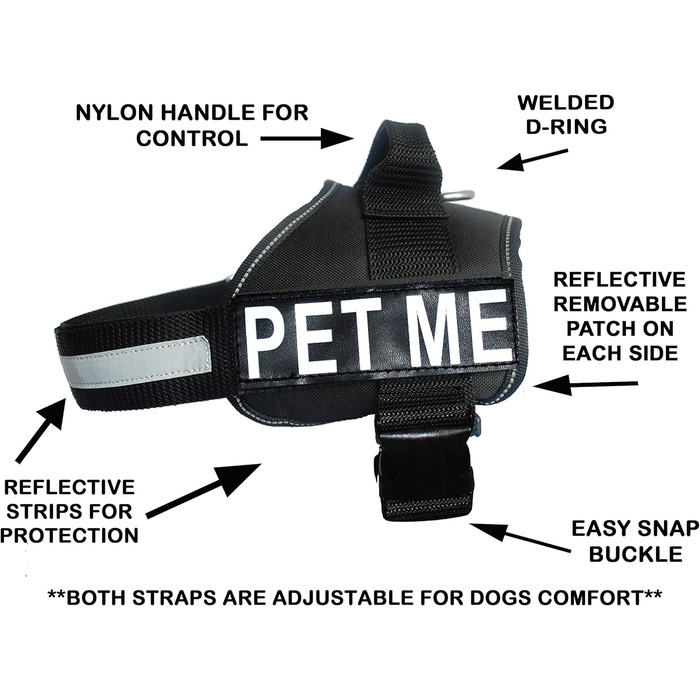 Шлея для собак Pet Me з нейлону, чорна, розмір 12-16 дюймів, із 2 відбивними нашивками, регульована