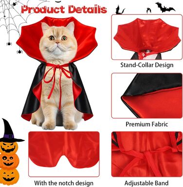 Костюм на Хелловін для собак та котів: вампірський набір, чорний/червоний, чорний/фіолетовий. Розміри S, червоний