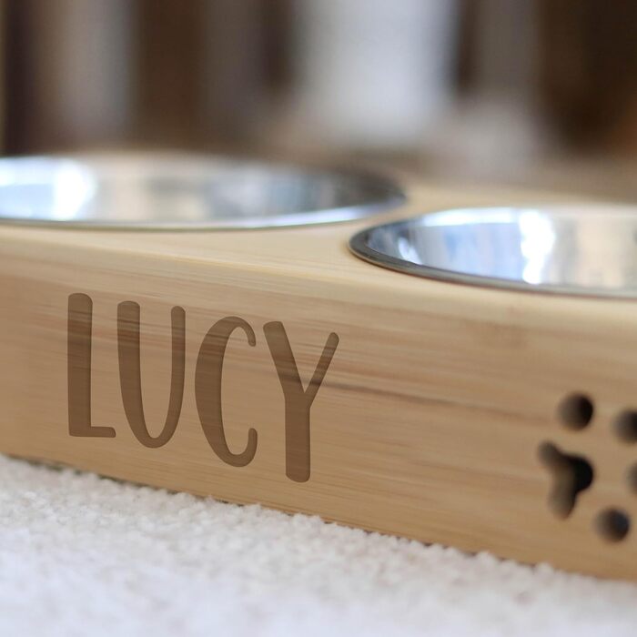 Кормушка для котів LAUBLUST з іменним гравіюванням - Натуральне дерево | 31x15x6 см - 2 миски з нержавіючої сталі (0,35л кожна) | Підвищена годівниця для котів | Сріблясті миски для котів