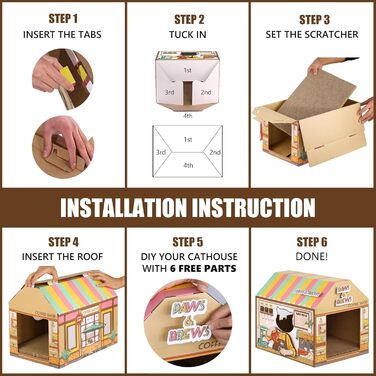 Будиночок для котів SEKAM з картону з котячою м'ятою, 41.8 x 30.5 x 33 см, іграшка-будиночок для котів, котяче дряпання, іграшка для дня народження, укриття для кроликів та дрібних тварин (Café)