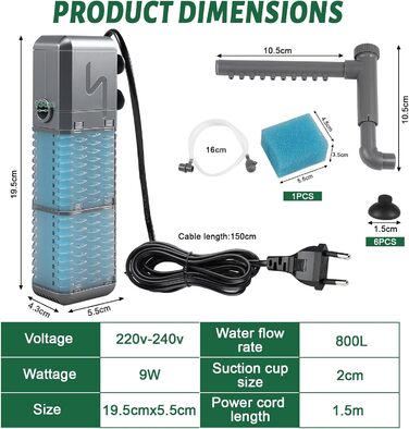 EXLECO Фільтр для акваріума 9W, 800 л/год, вбудований фільтр з 2 змінними губками, регульований фільтр для акваріумів 20-50л, фільтр-насос для акваріумів з розпилювачем