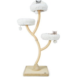 Дерев'яна кігтеточка FANTASK 178 см з 3 лежаками, бежева, велика кігтеточка для котів з м'ячиками та сизалевими стовпчиками, металевий каркас