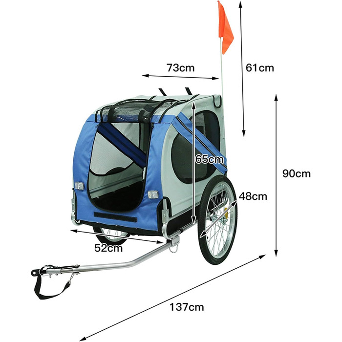 Складаний велопричіп для собак, Oxford-тканина, з ременем безпеки та прапорцем, 137*73*90см (блакитно-сірий)
