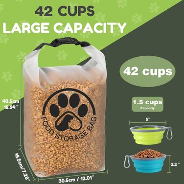 Контейнер для корму для тварин на 25 порцій з 2 складними мисками для подорожей – прозорий, з надійним роликовим закриттям, зберігає сухий корм свіжим для кемпінгу (42 чашки з мискою)