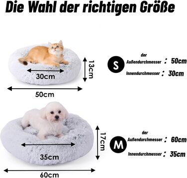 М'яке та пухнасте ліжко для собак, ліжко-пончик для котів, сіре ліжко-кошик для собак маленьких та середніх порід, 60x60x17 см, розмір M