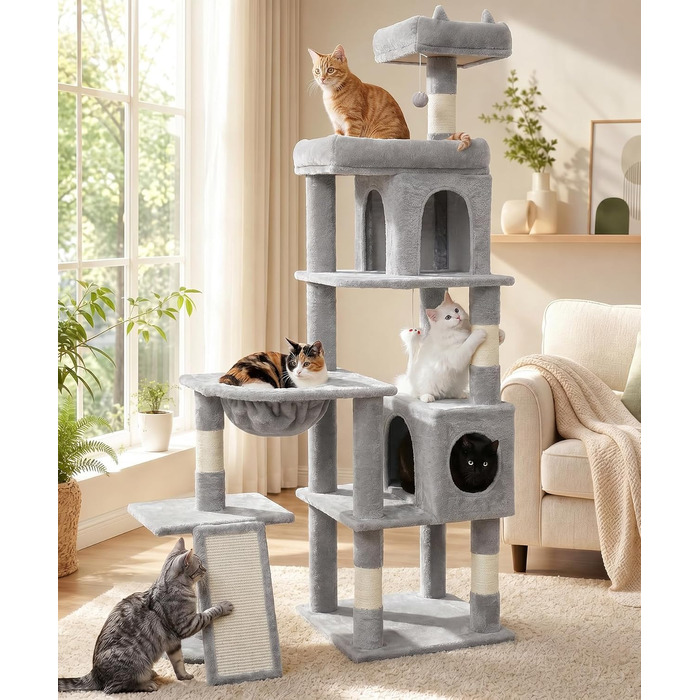 Комплекс для котів Kratzbaum XL 173 см, сірий: будиночок, платформа, дряпка, іграшки