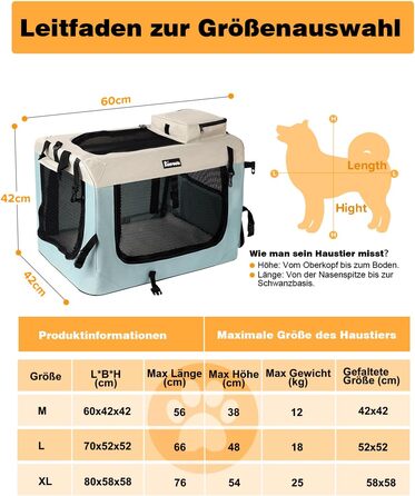 Транспортна переноска для собак та котів Reerooh Hundebox M, 60x42x42 см, складана, з мискою, блакитна