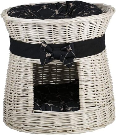 Кругла котяча хатинка e-wicker24 з плетеної лози, двоярусна, з подушкою та стрічкою, котячий будиночок (кремовий/чорний)