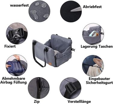 Автокрісло для собак та котів, сіре, з кріпленням та кишенею для зберігання, для маленьких та середніх порід