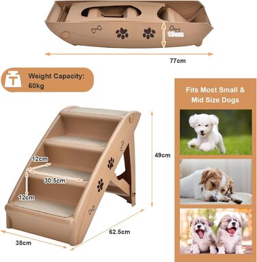 Сходинка для тварин SOARS: 4 сходинки, килимок з повсті, для собак та котів до 60 кг, антиковзаюча, для ліжка, авто, дивану (колір: коричневий)