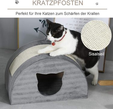 Будиночок для котів PawHut з когтеточкою, сірий, 48,5x30x30 см, з сизалем