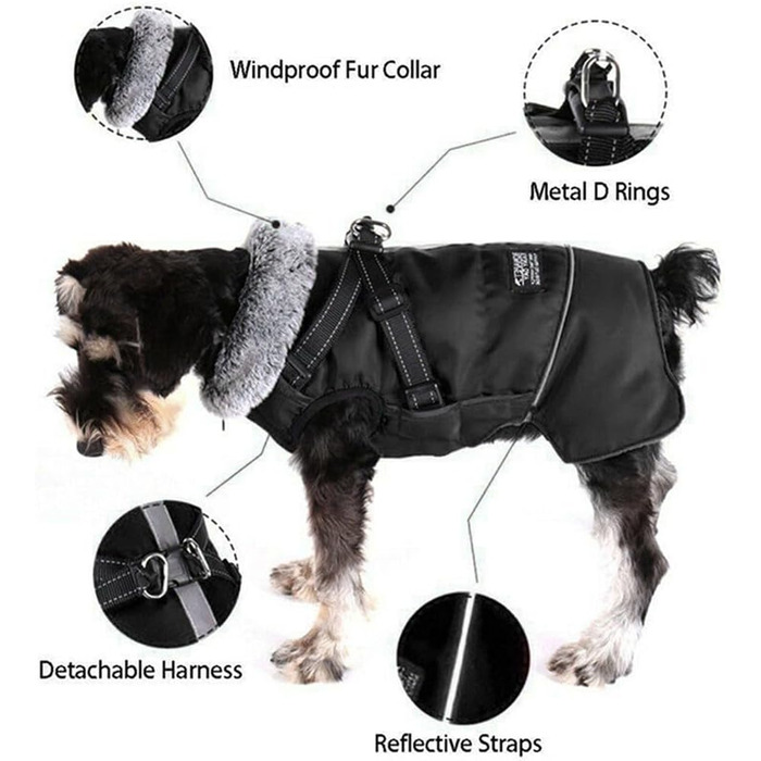 Зимові куртки для собак, жилети для собак з шлейкою, теплі куртки для собак, зимові куртки для собак на вітер та воду, куртки з світловідбиваючими елементами, флісові куртки для маленьких, середніх та великих собак (чорний, S)