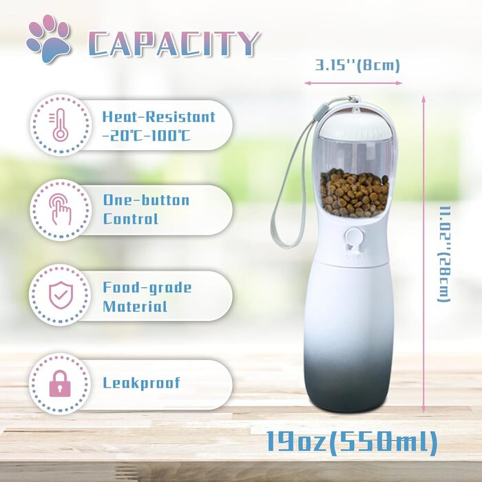 MITOCAPY Поїлка для собак 2-в-1 з контейнером для корму, 540 мл, чорно-біла, для подорожей та кемпінгу