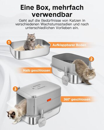 Котячий туалет Papettly з нержавіючої сталі з кришкою XXL, 30 л, високий знімний борт, килимок для туалету, легке очищення, 58x42x40 см