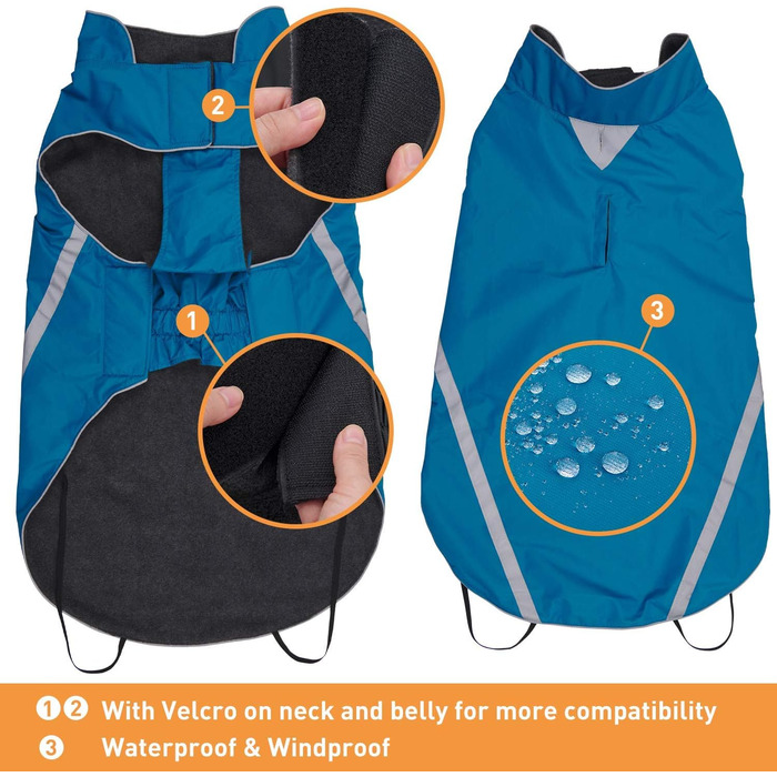 Водонепроникний собачий дощовик/куртка з отвором для коміра, на липучках, з флісовою підкладкою, зі світловідбиваючими елементами, зимовий, для великих та середніх собак, 4XL (4XL (1-пак), Синій)