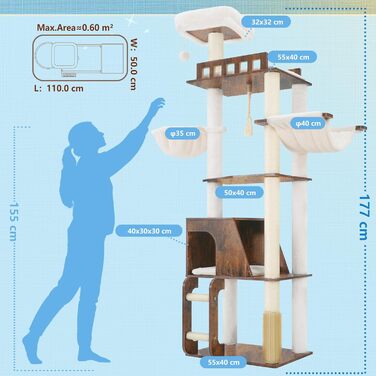 Дерев'яний кігтеточки Hey-brother Holz Kratzbaum 184 см для великих котів, багатоярусний, з платформою, корзиною, будиночком, щіткою та драбиною (Brun Vintage) EMPJ121WB