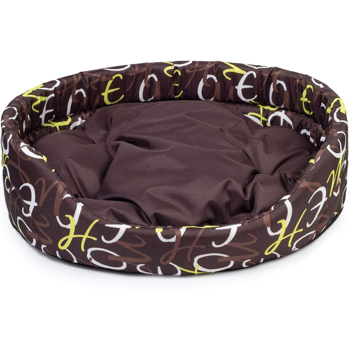 Крісло-ліжко для собак середніх порід | Овальне м'яке ліжко для собак | Зносостійке ліжко з подушкою | Кошик для собак | Можливість прання | Поліестер | Розмір L (57x52 см) | Колір: Коричневий з візерунком