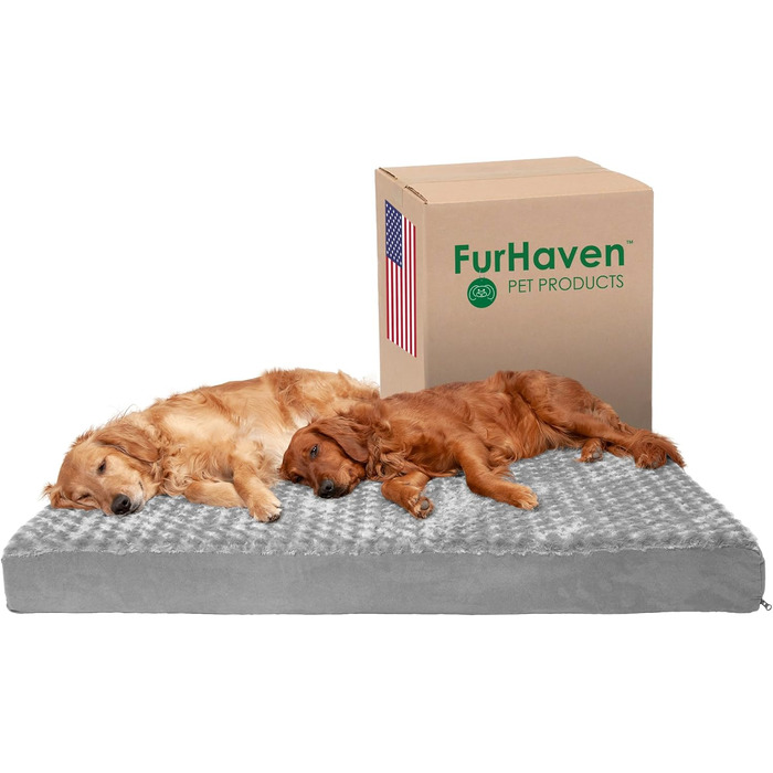Ліжко для собак Furhaven XXL з ортопедичним меморі фоам, плюшева штучна шерсть та замша, знімний чохол, сіра, розмір Джамбо Плюс (XXL)