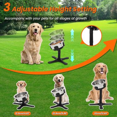 Підвищена годівниця для собак на регульованому підставці, 3 рівня та кут нахилу, сумісна з різними мисками, годівниця для собак із нержавіючої сталі для середніх та великих собак