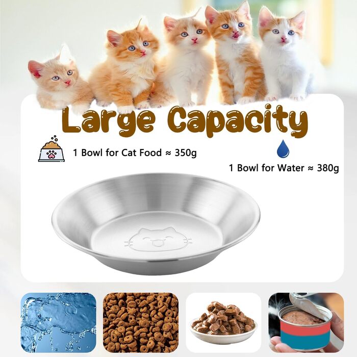 Миски для котів з нержавіючої сталі, 17,3 см, безпечні для вусів, плоскі, для кошенят та дрібних тварин, 2 шт.