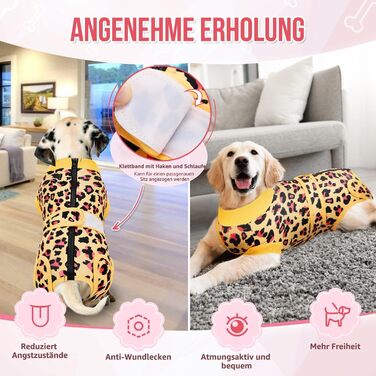 Комбінезон для собак після операції LowTon з м'яким дихаючим захистом від витікання, альтернатива електронного нашийника, підходить для кастрованих собак (самців та самок), (Leopardenmuster-Gelb, XXXXL)