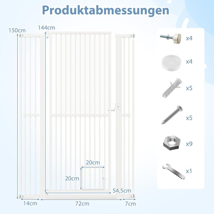 Захист для воріт COSTWAY для собак, високе перегороджувальне ґрат, 77-104 см x 150 см, захист з маленькими дверима, 2 розширення, ґрат без свердління, висувний ґрат для собак, металевий захисний ґрат, білий