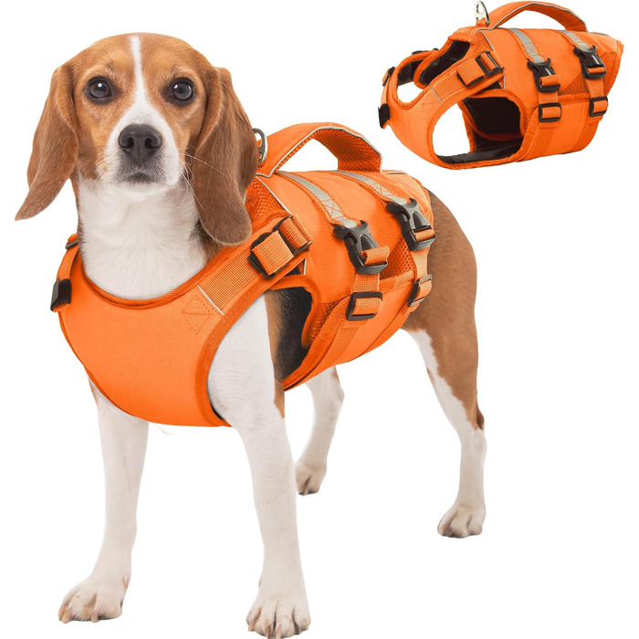 Жилет рятувальний для собак Kuoser, великий, оранжевий (L) з ручкою та світловідбиваючими елементами