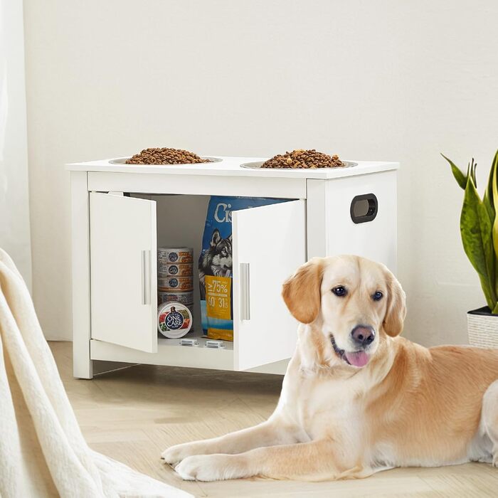 VEVOR шафа-кормниця для собак з 2 нержавіючими мисками 60x30x44 см, підвищена станція для годування з місцем для зберігання, біла, для великих собак
