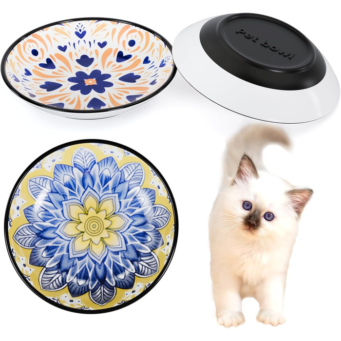 Керамічні годівниці для котів, миски для кошенят, анти-колючий дизайн, неслизька підставка, плоскі миски для котів, кошенят, маленьких собак, кроликів, набір 3 шт. Боген