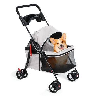 Візок для собак 2 в 1, бугі для собак до 20 кг, 4 пари поворотних коліс на 360°, візок-переноска для собак/кішок з тримачем для напоїв, складаний візок для маленьких/середніх собак та котів (сірий)